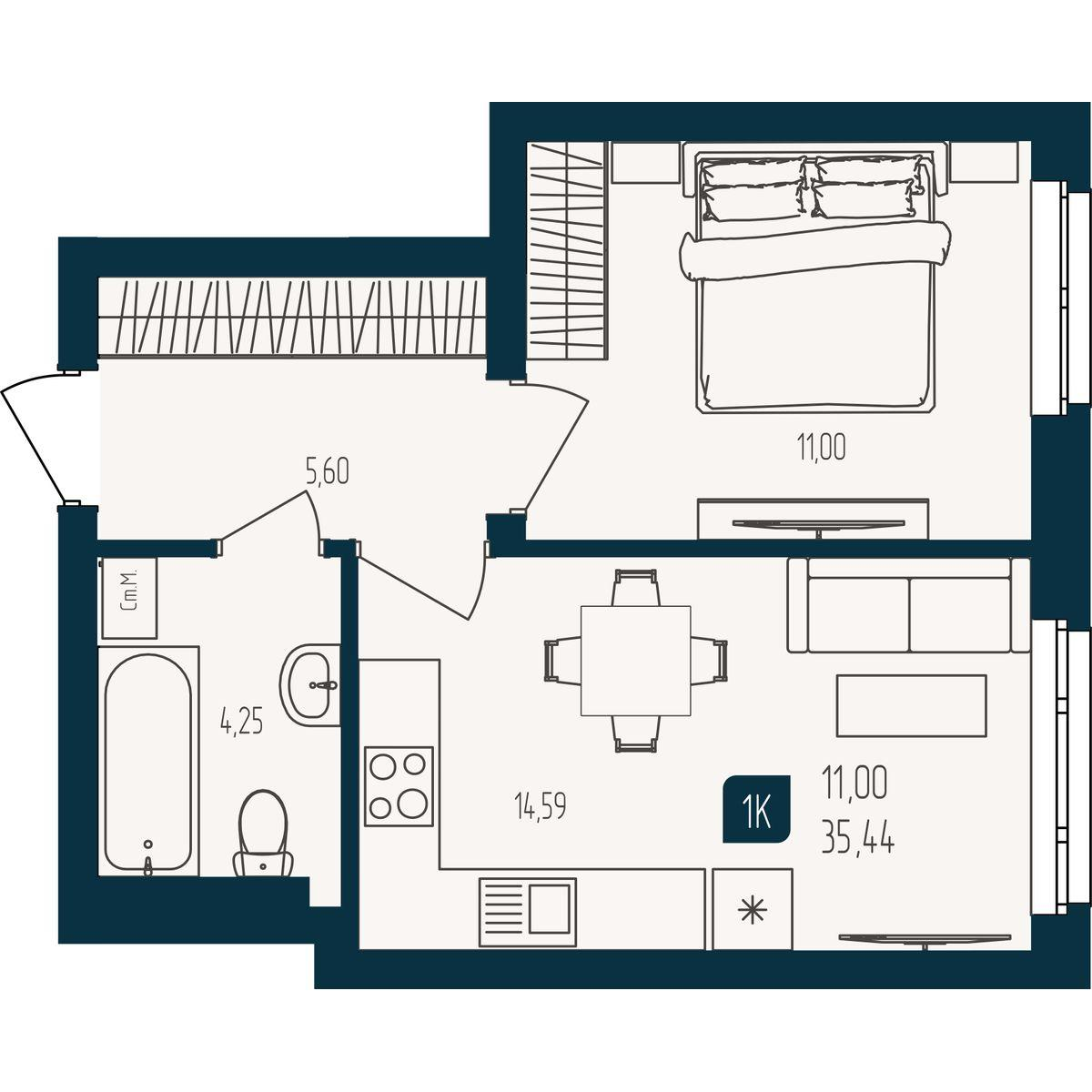 1-комнатная 35 м2 в ЖК Квартал Мятный корпус null этаж 10