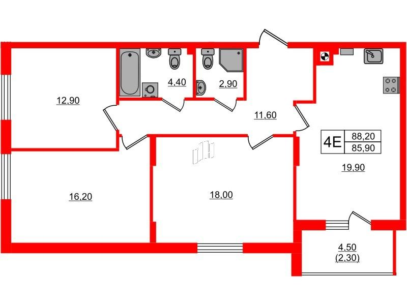 3-комнатная 88 м2 в ЖК River Park-2 корпус null этаж 2