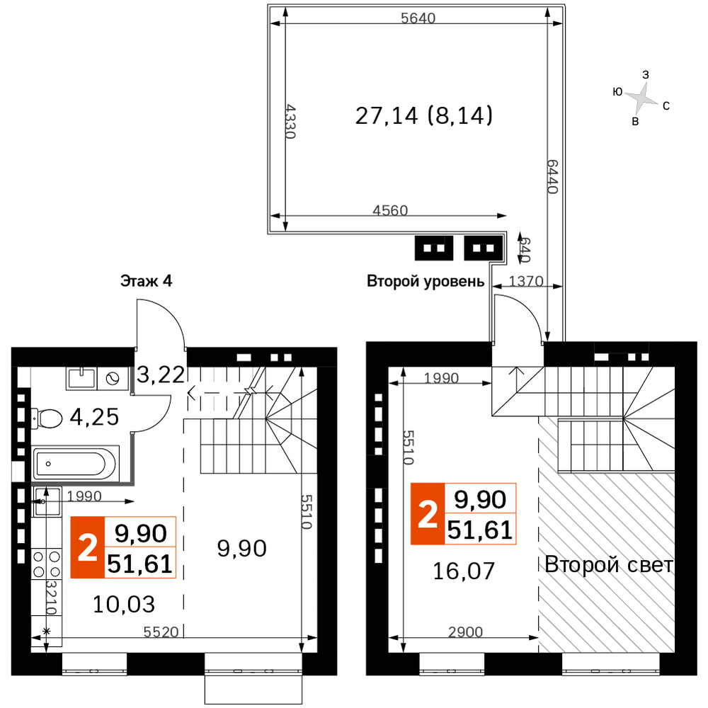 2-комнатная 51 м2 в ЖК Жаворонки Клаб корпус null этаж 4
