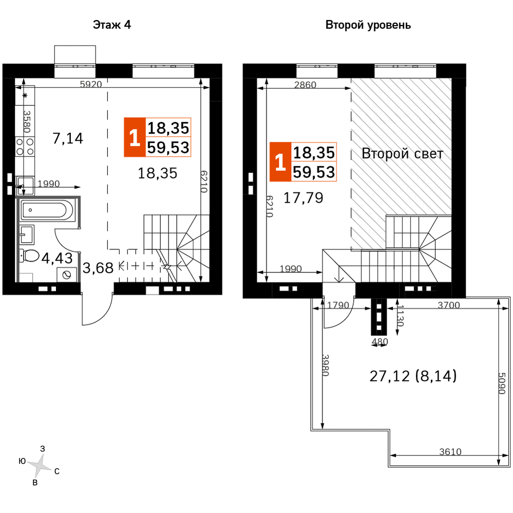 2-комнатная 59 м2 в ЖК Жаворонки Клаб корпус null этаж 4