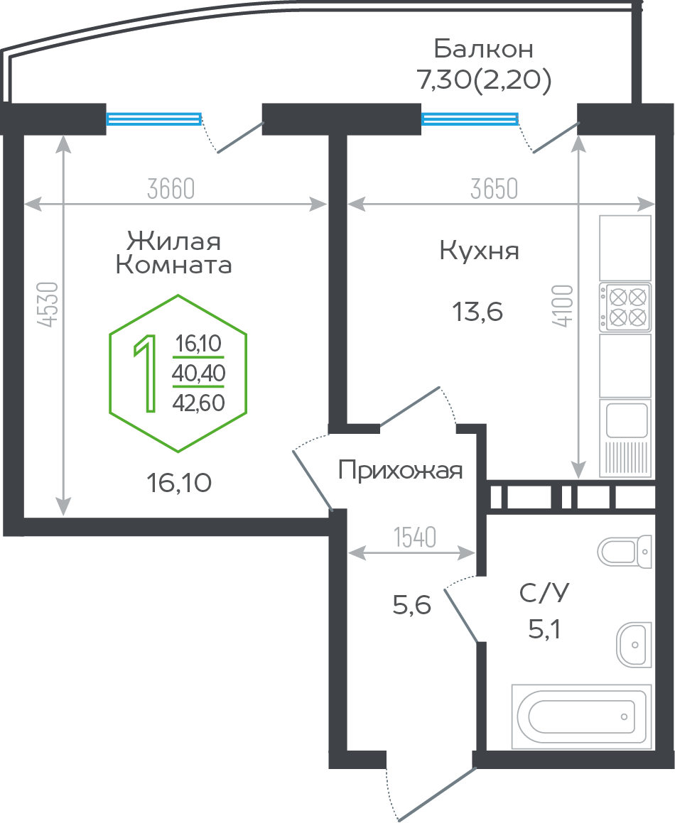 1-комнатная 42 м2 в ЖК Гарантия Прайм корпус null этаж 2