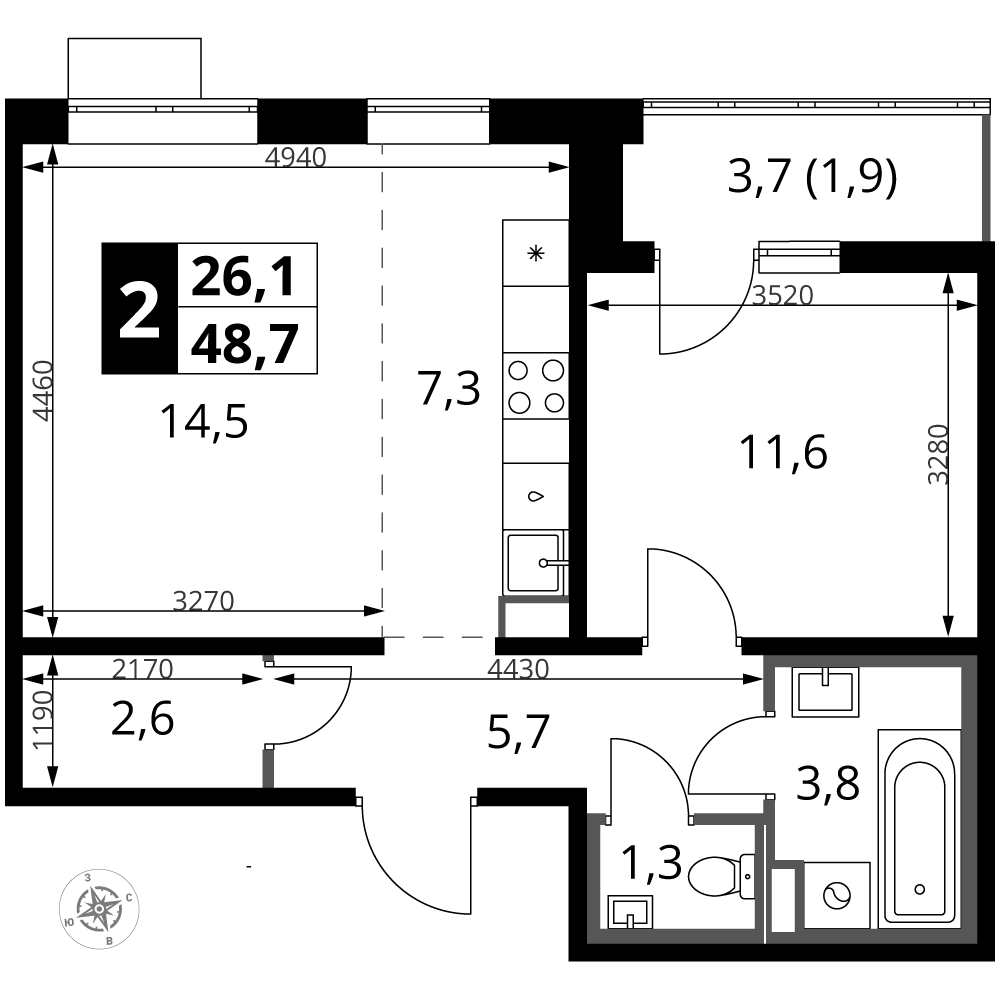 2-комнатная 48 м2 в ЖК 1-й Южный корпус null этаж 11