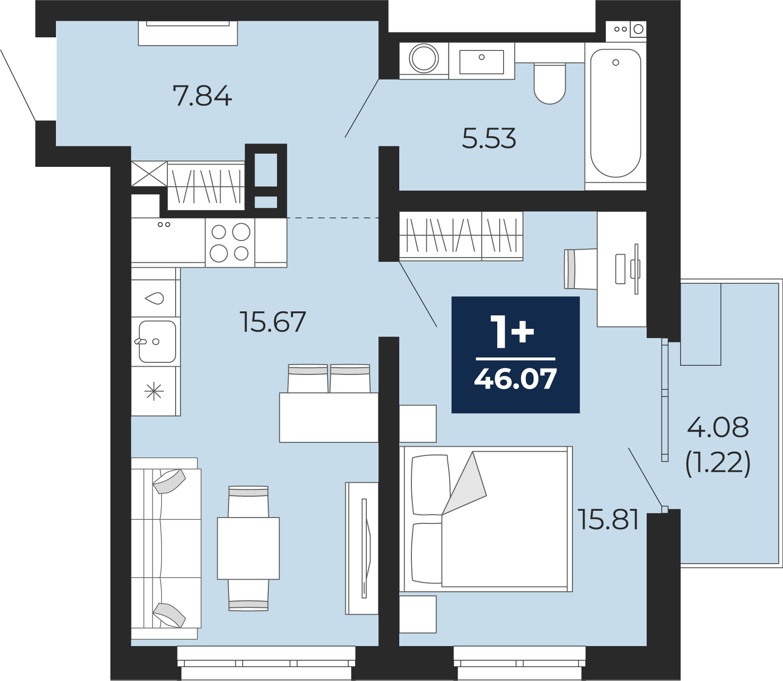 1-комнатная 44 м2 в ЖК Прео корпус null этаж 7