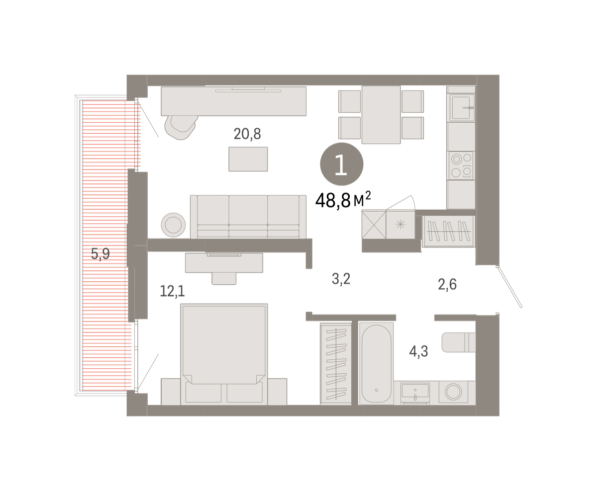 1-комнатная 48 м2 в ЖК Республики 205 корпус null этаж 7