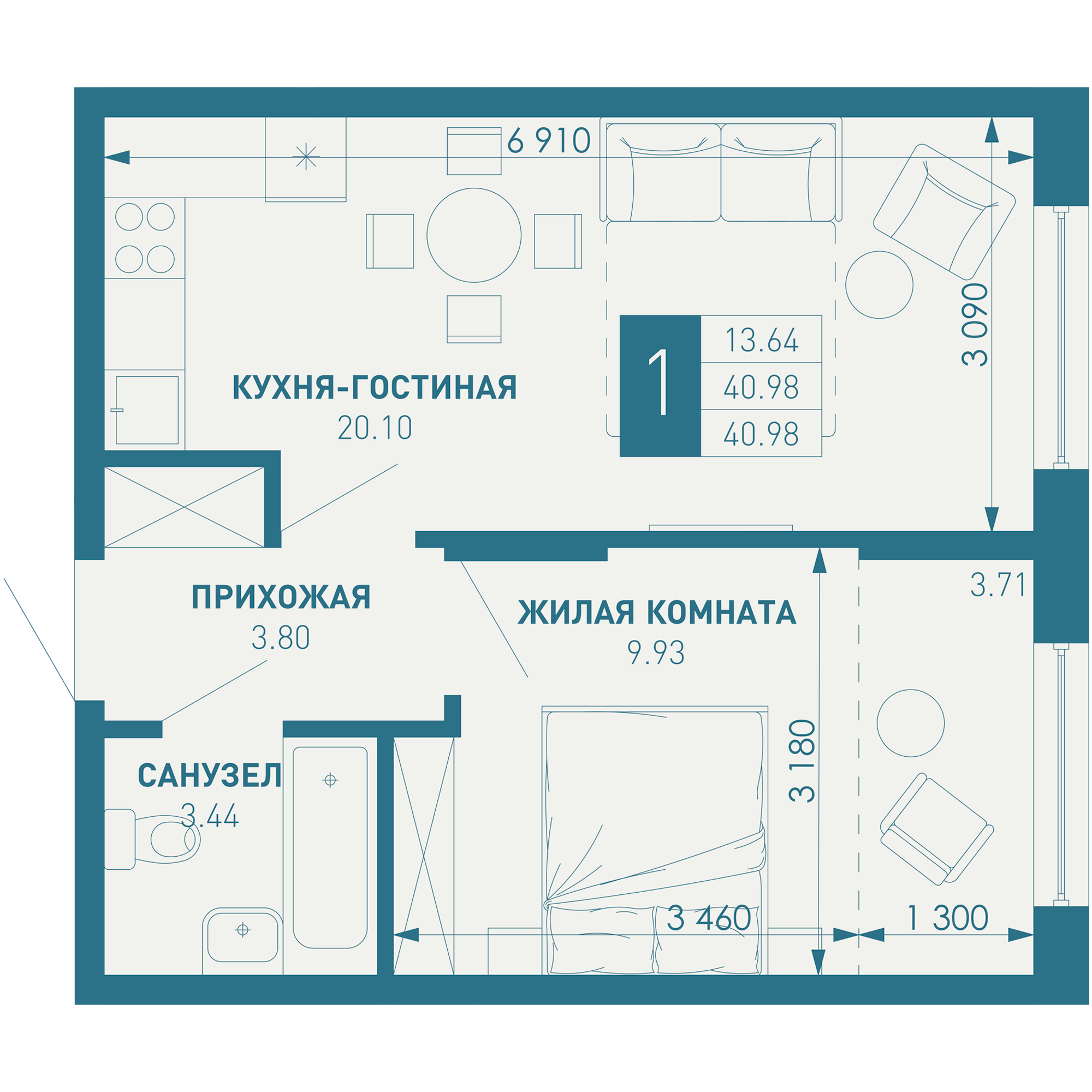1-комнатная 42 м2 в ЖК ИНАЧЕ в Молодежном корпус null этаж 7