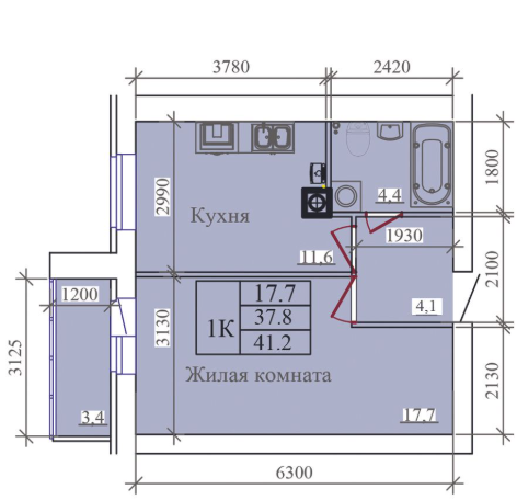 1-комнатная 41.2 м2 в ЖК undefined корпус null этаж 14