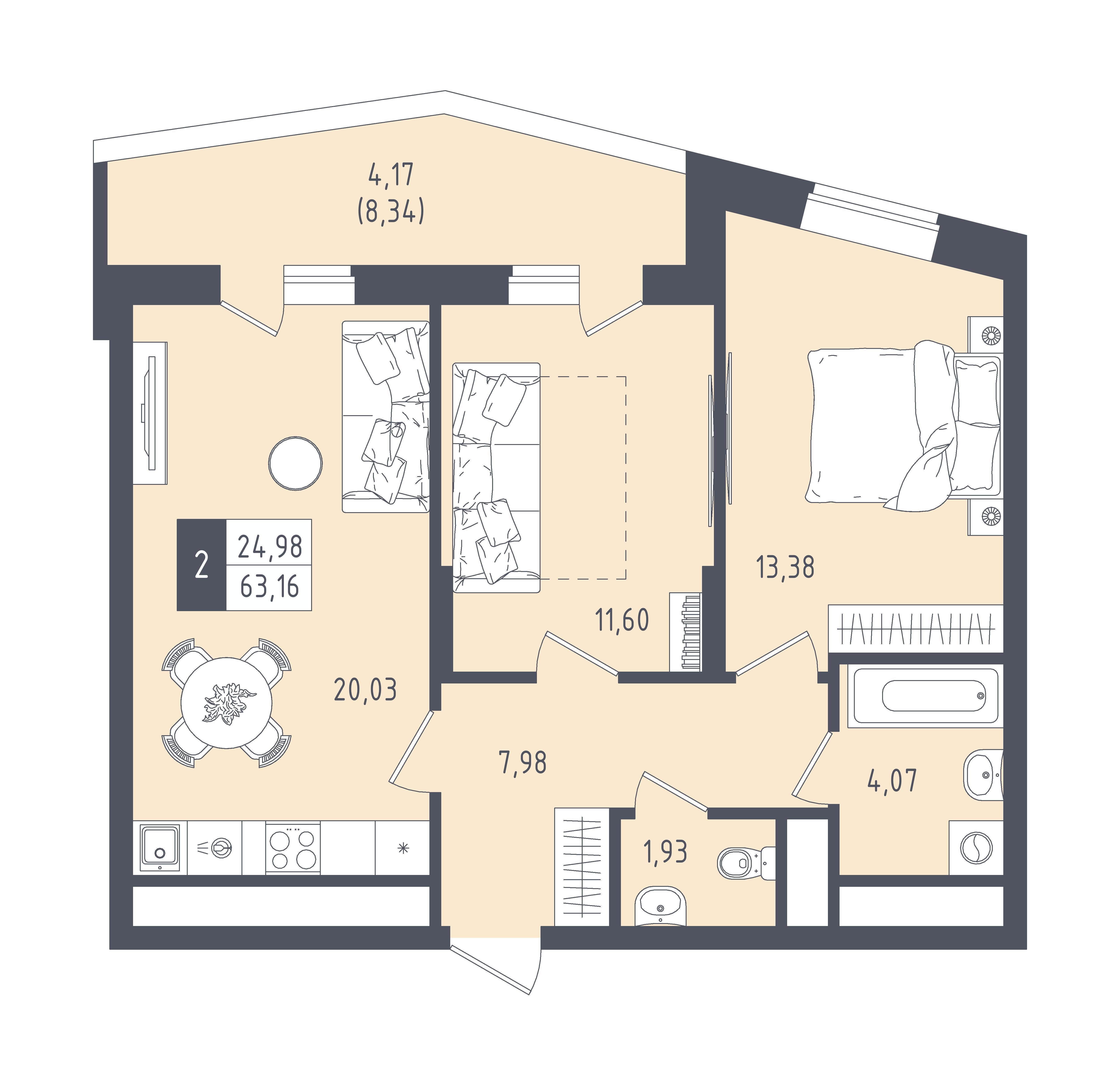 2-комнатная 63 м2 в ЖК Малевич корпус null этаж 15