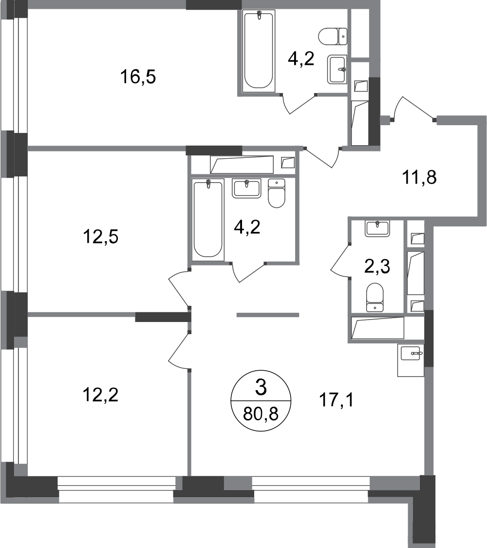 3-комнатная 80 м2 в ЖК Первый Московский корпус null этаж 20