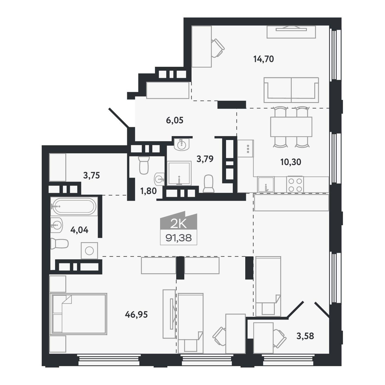 2-комнатная 91 м2 в ЖК Квартал 1604 корпус null этаж 26