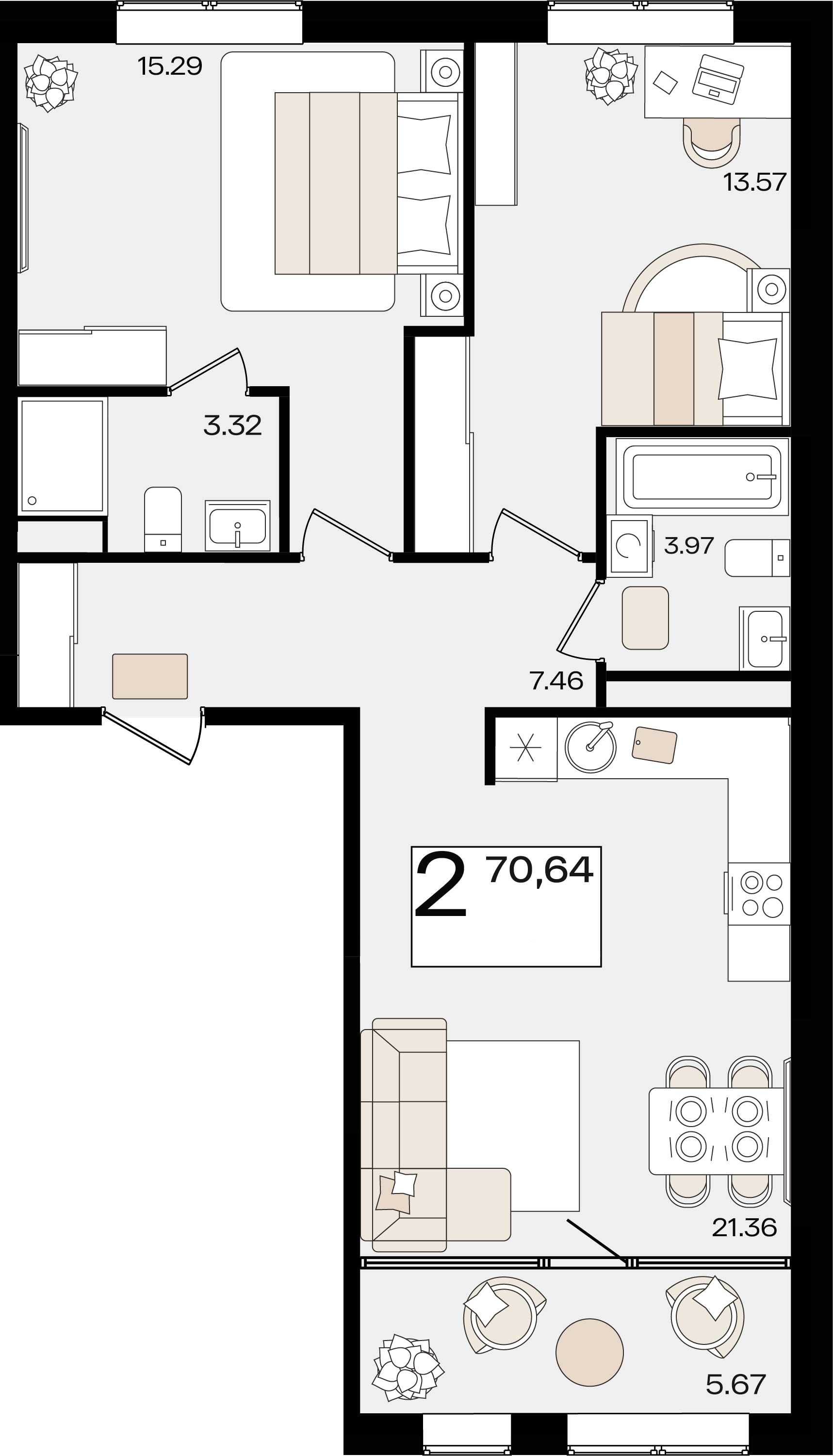 2-комнатная 70 м2 в ЖК Патрики корпус null этаж 5