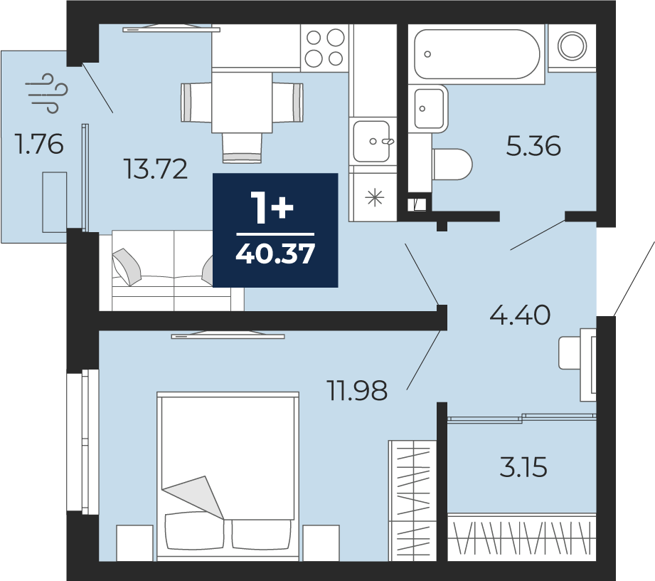 1-комнатная 38 м2 в ЖК Беринг корпус null этаж 2