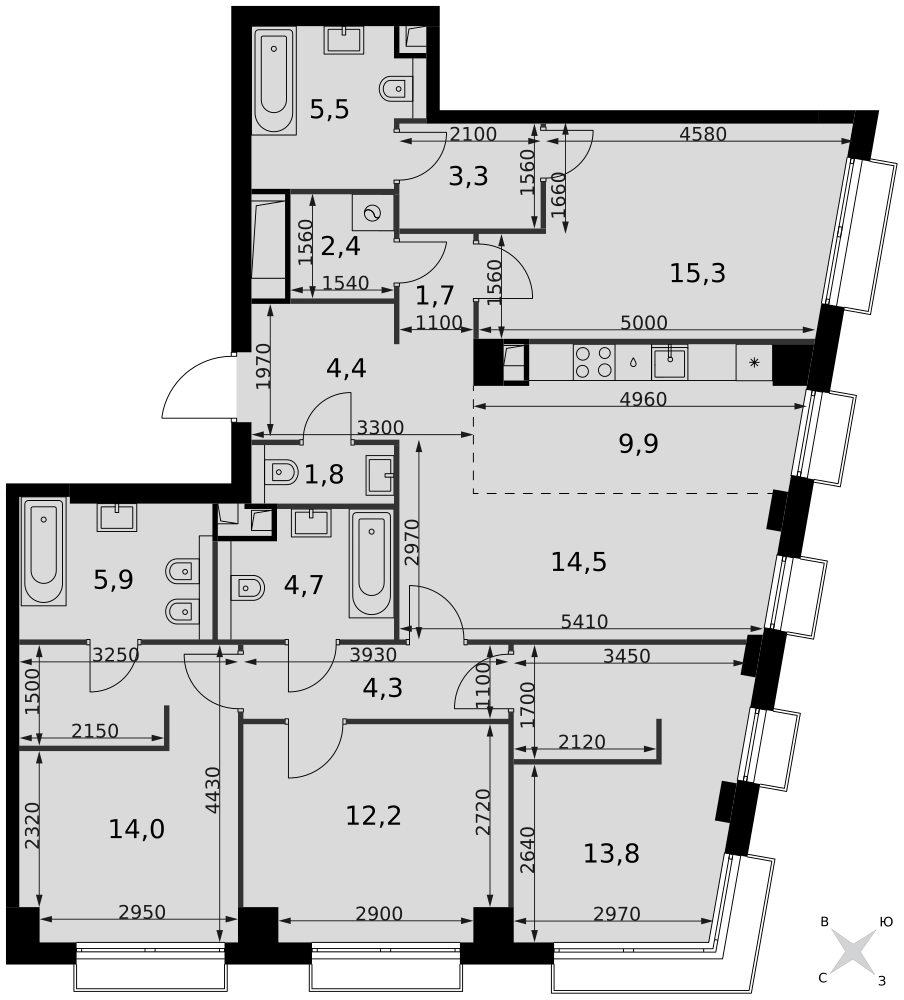 5-комнатная 113 м2 в ЖК Сидней Сити корпус null этаж 38