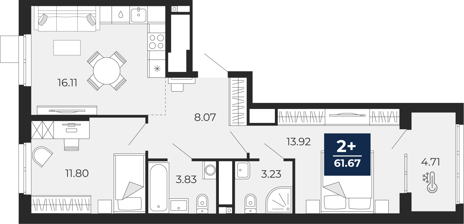 2-комнатная 56 м2 в ЖК Мириады корпус null этаж 11