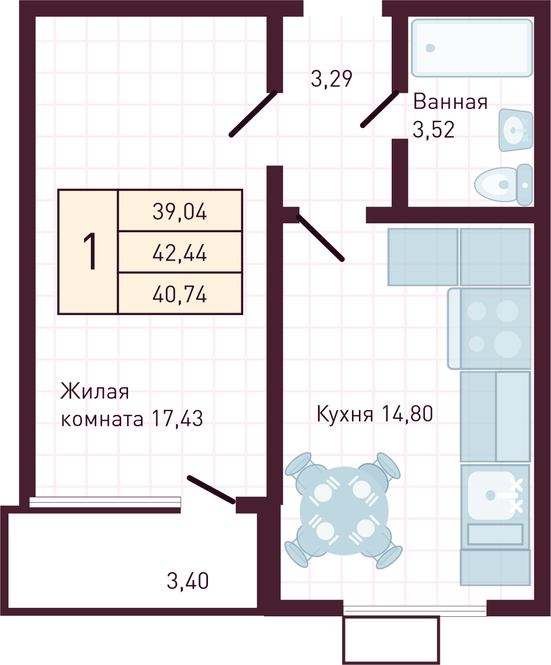 1-комнатная 40 м2 в ЖК Бетховен корпус null этаж 5