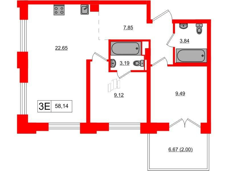 2-комнатная 58 м2 в ЖК Alpen корпус null этаж 4