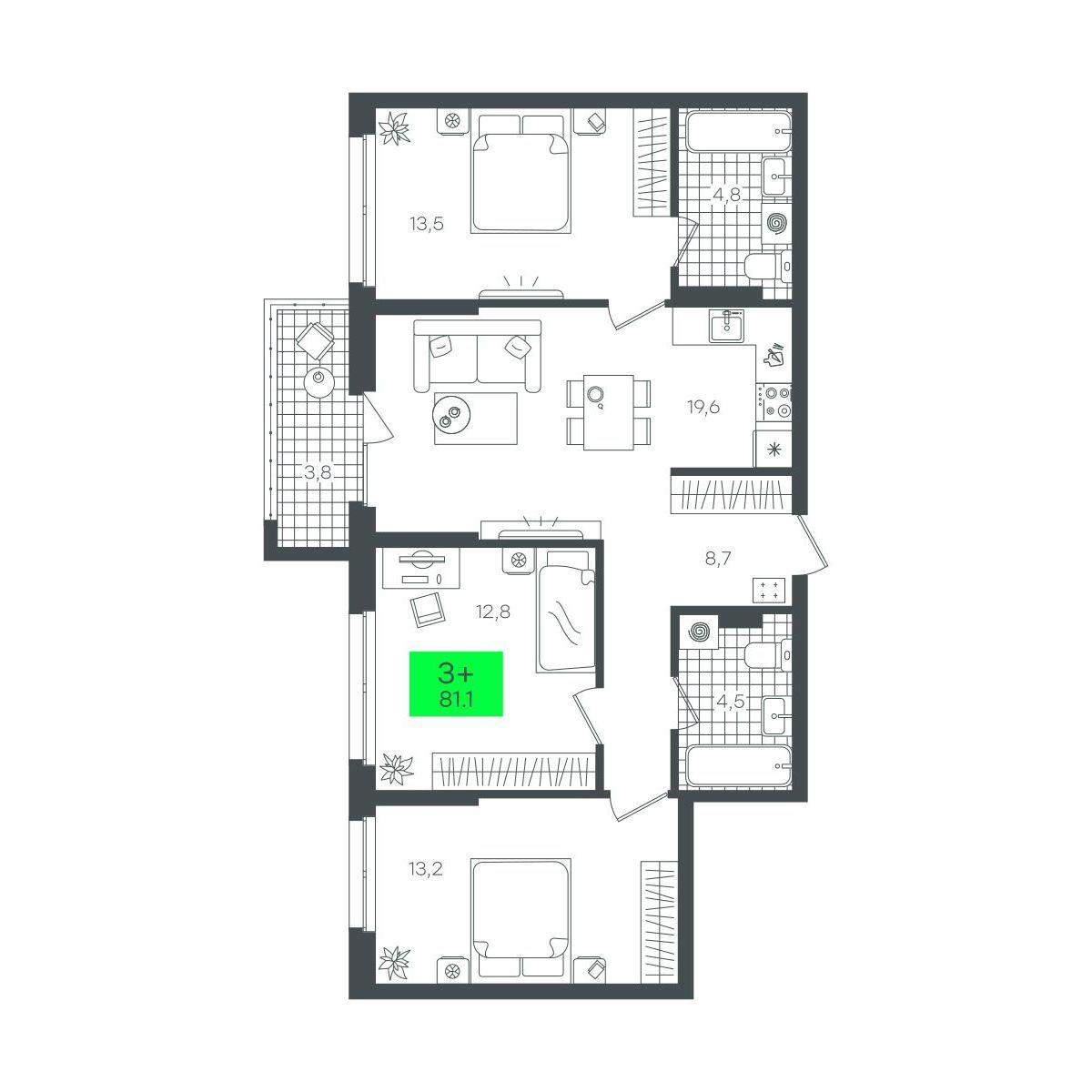 3-комнатная 81 м2 в ЖК Сезоны корпус null этаж 3