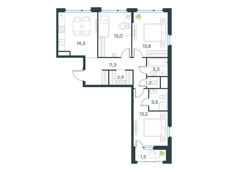 3-комнатная 78 м2 в ЖК Level Лесной корпус null этаж 11