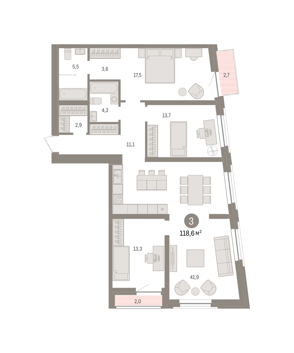 3-комнатная 118 м2 в ЖК Речной порт корпус null этаж 8