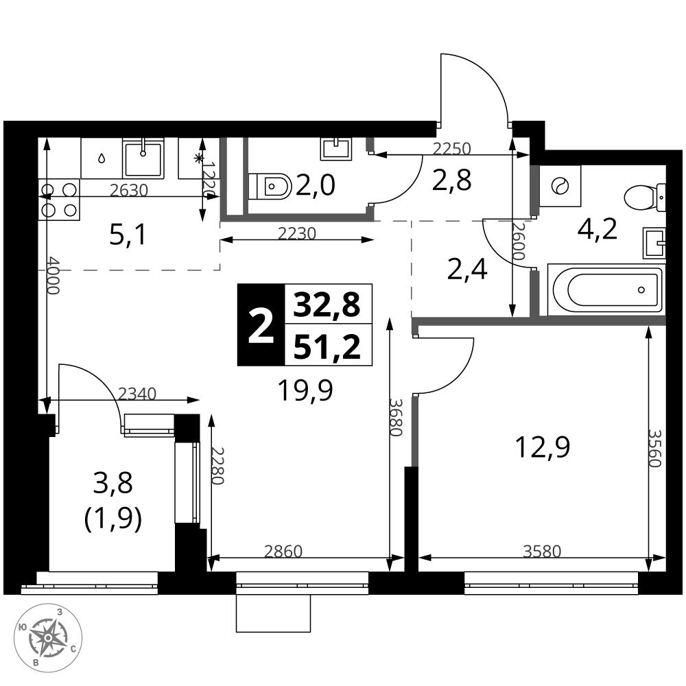 2-комнатная 51 м2 в ЖК 1-й Ясеневский корпус null этаж 3