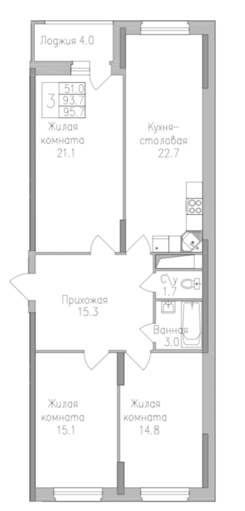 3-комнатная 95.7 м2 в ЖК undefined корпус null этаж 10