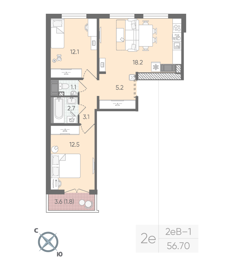2-комнатная 56 м2 в ЖК Пейзажный квартал корпус null этаж 13