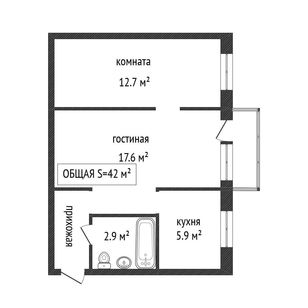 2-комнатная 42 м2 в ЖК undefined корпус null этаж 5