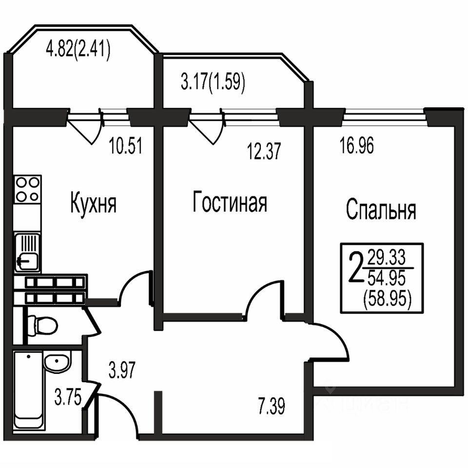2-комнатная 54.8 м2 в ЖК undefined корпус null этаж 14