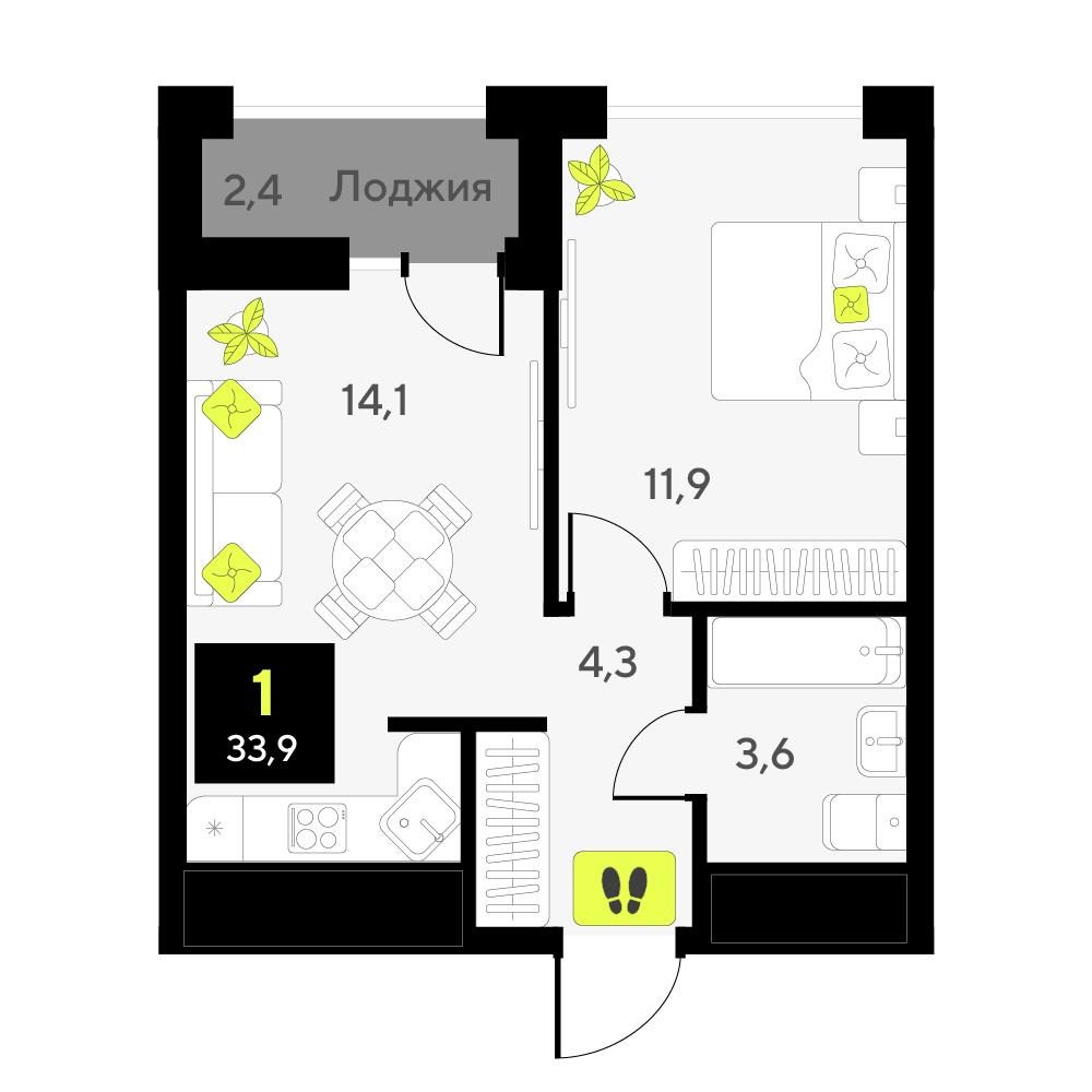 1-комнатная 33 м2 в ЖК Мотивы корпус null этаж 13