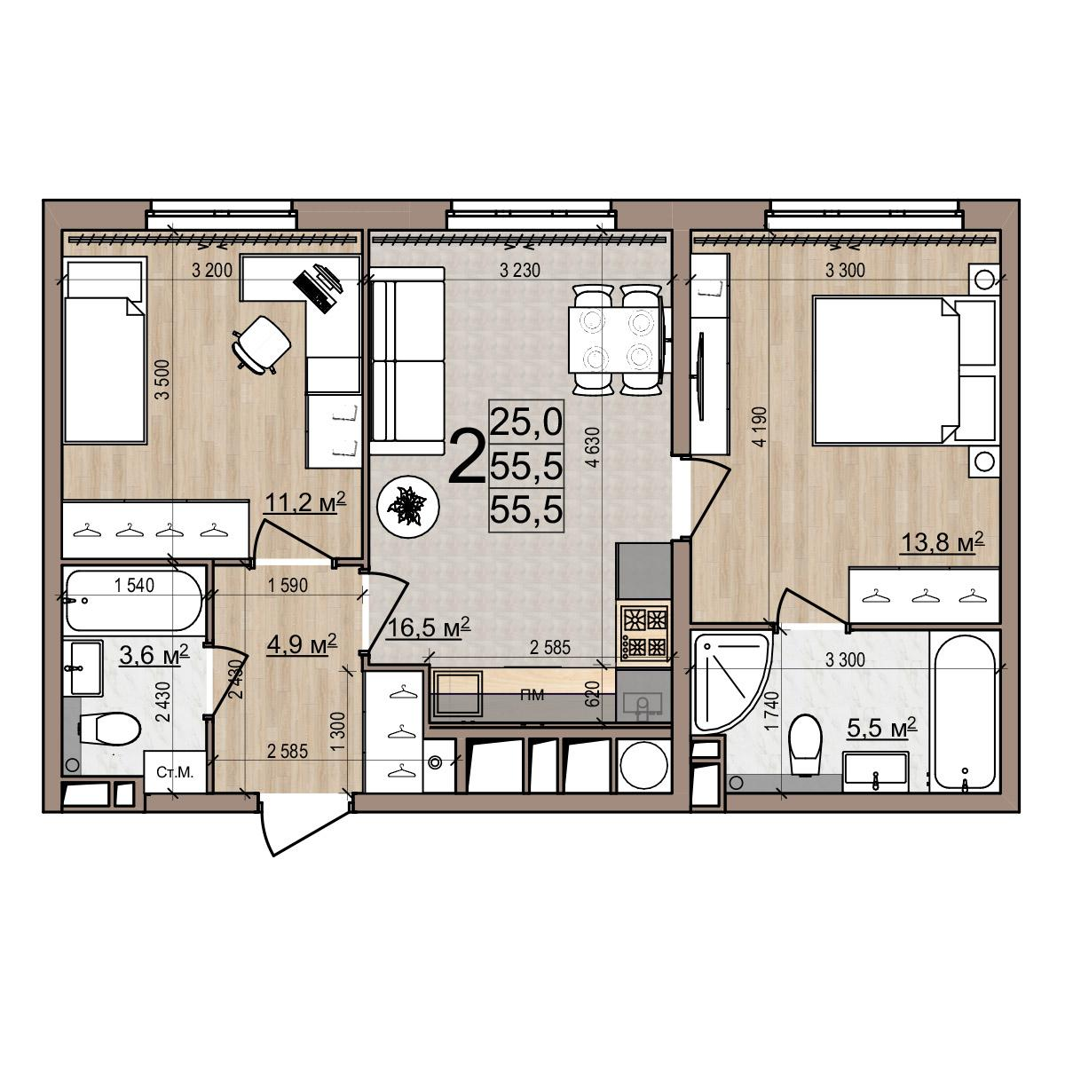 2-комнатная 55 м2 в ЖК Еврокласс-5 корпус null этаж 15