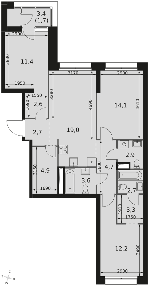 3-комнатная 85 м2 в ЖК Скай Гарден корпус null этаж 8