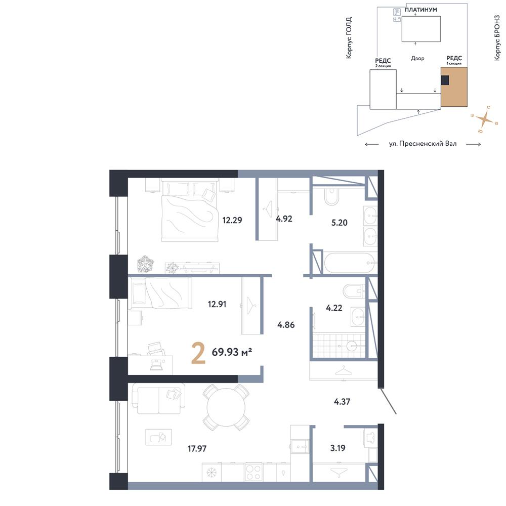 2-комнатная 69 м2 в ЖК Republic корпус null этаж 5