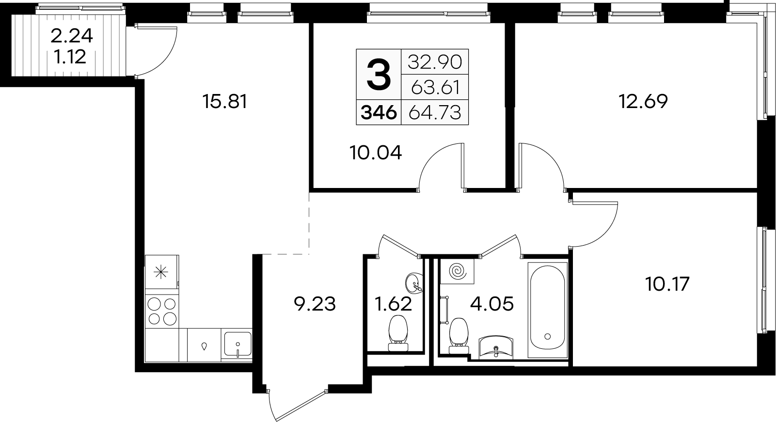 3-комнатная 64 м2 в ЖК Glorax Новинки корпус null этаж 6