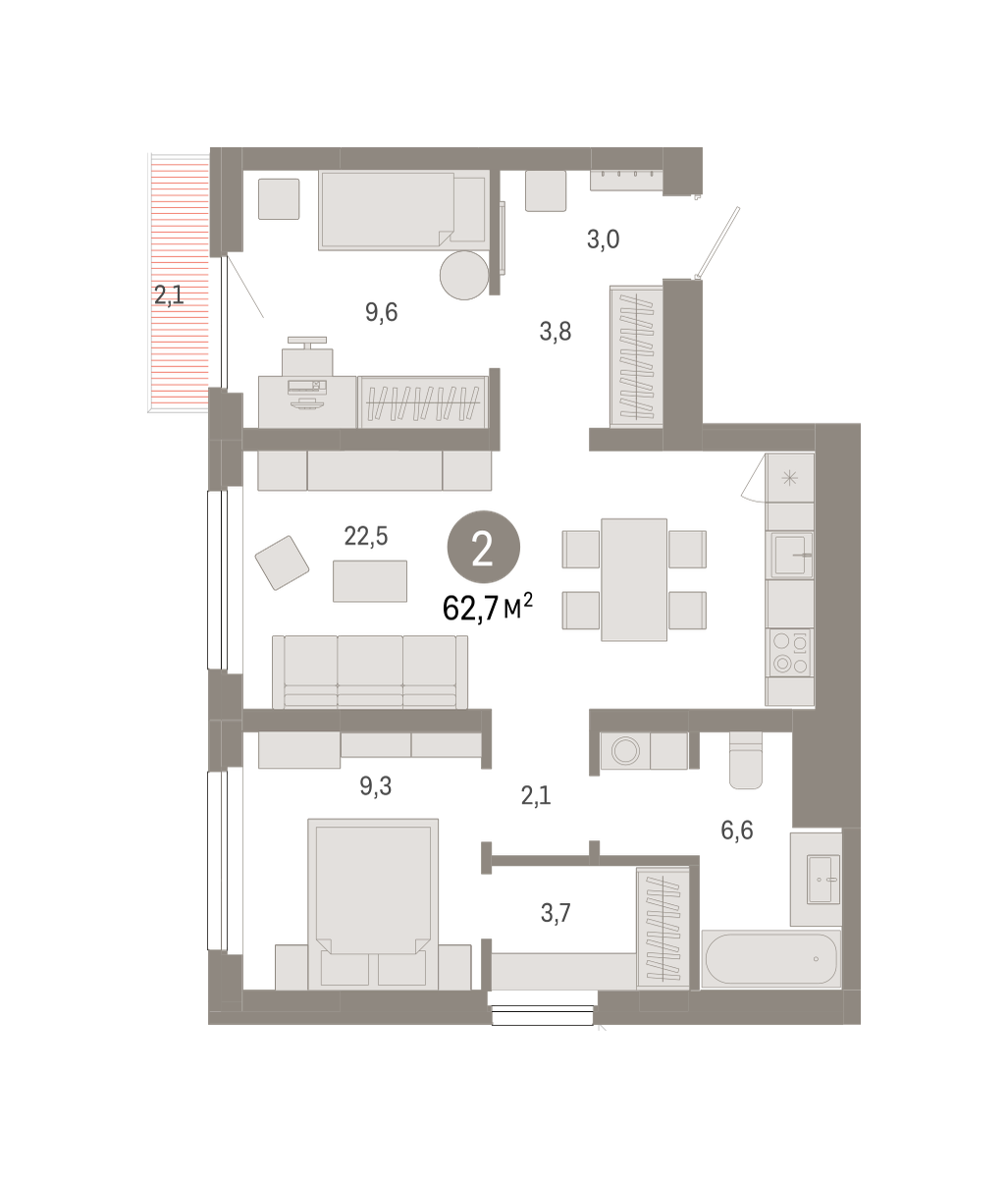 2-комнатная 62 м2 в ЖК Лебедевский корпус null этаж 11