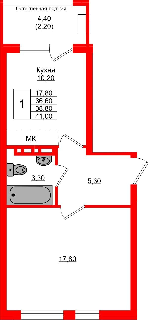 1-комнатная 38 м2 в ЖК Кроны и Волны корпус null этаж 3