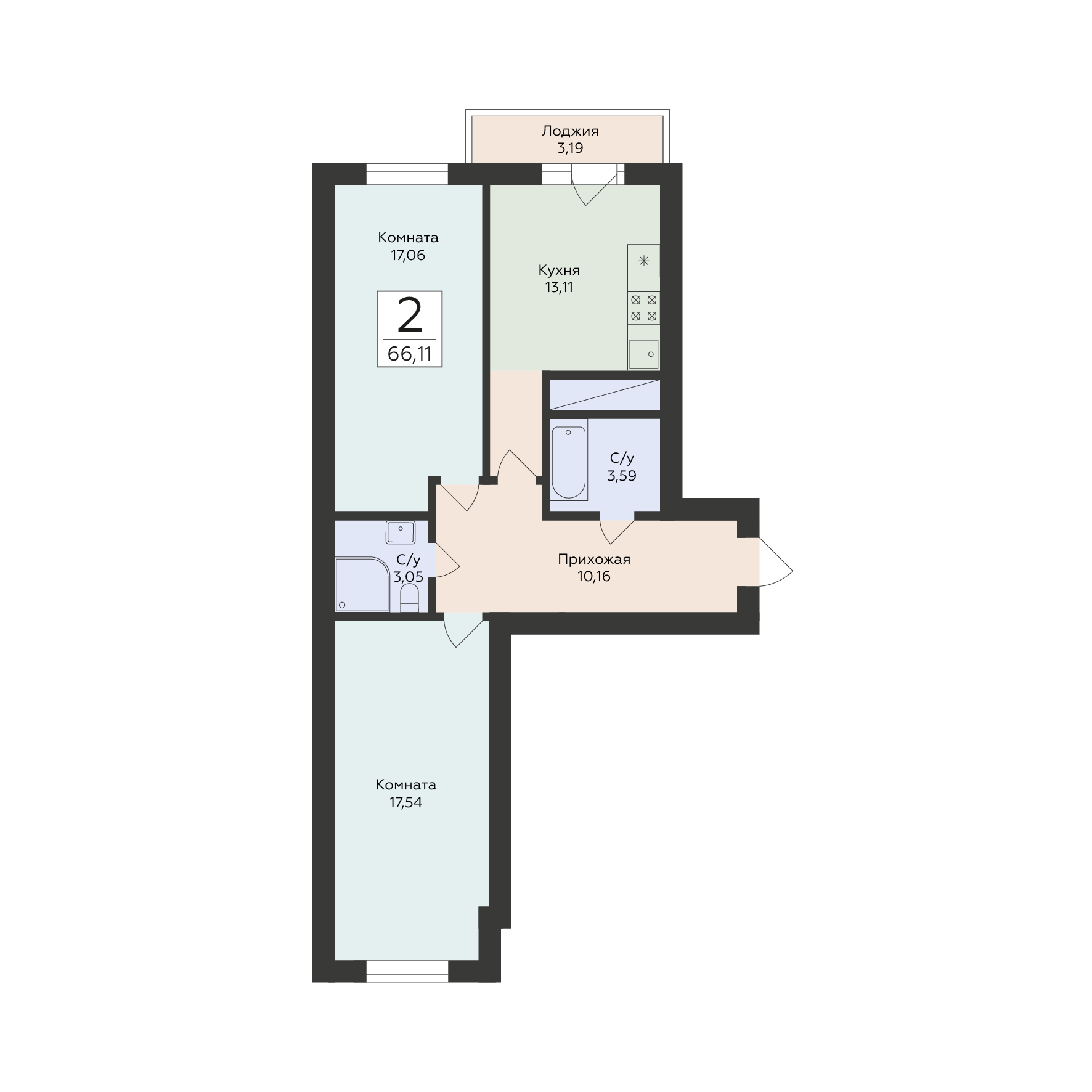 2-комнатная 66 м2 в ЖК Юность корпус null этаж 17