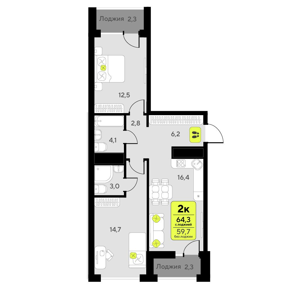 2-комнатная 64 м2 в ЖК Мотивы корпус null этаж 7