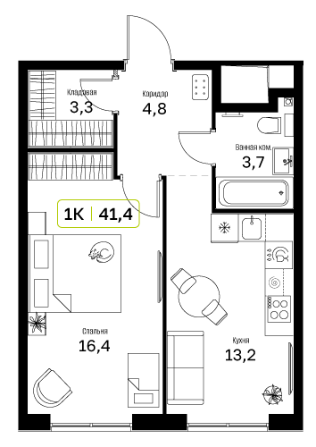 1-комнатная 41 м2 в ЖК Новый Зеленоград корпус null этаж 6