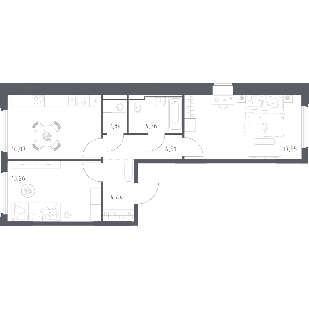 2-комнатная 60 м2 в ЖК Космический Квартал корпус null этаж 14