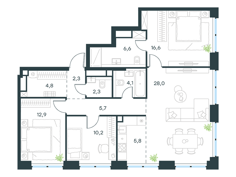 4-комнатная 99 м2 в ЖК Level Звенигородская корпус null этаж 20
