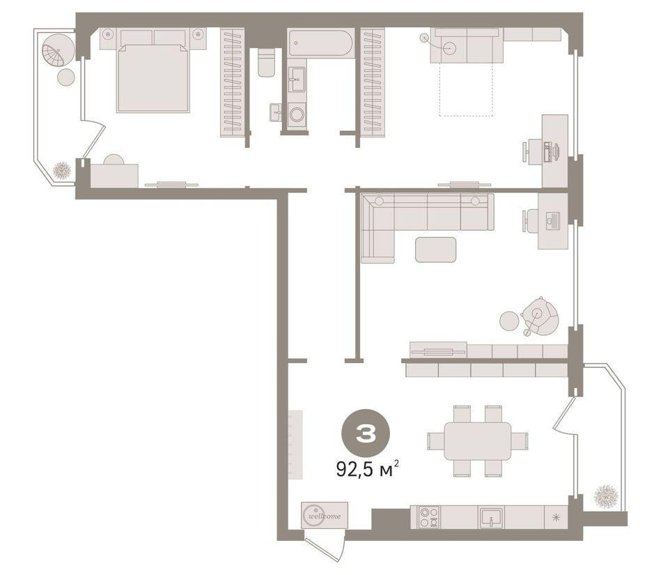 3-комнатная 92.5 м2 в ЖК undefined корпус null этаж 16