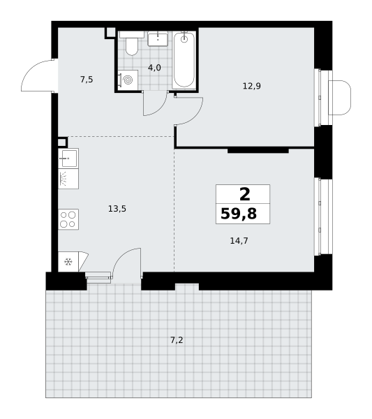 2-комнатная 59 м2 в ЖК Прокшино корпус null этаж 3