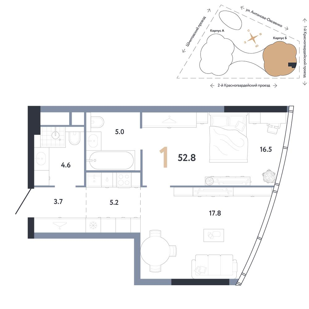 1-комнатная 52 м2 в ЖК АУРУС Резиденции корпус null этаж 24