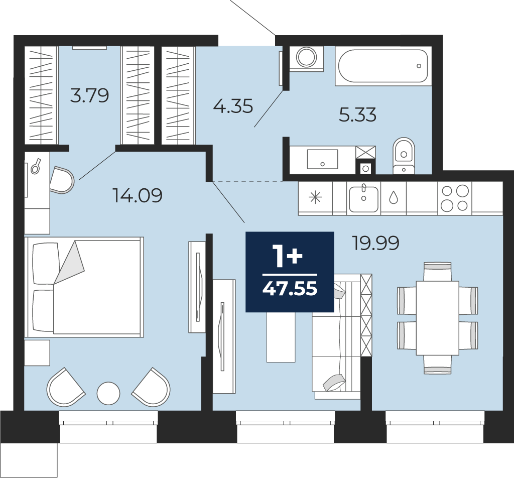 1-комнатная 47 м2 в ЖК Мириады корпус null этаж 1