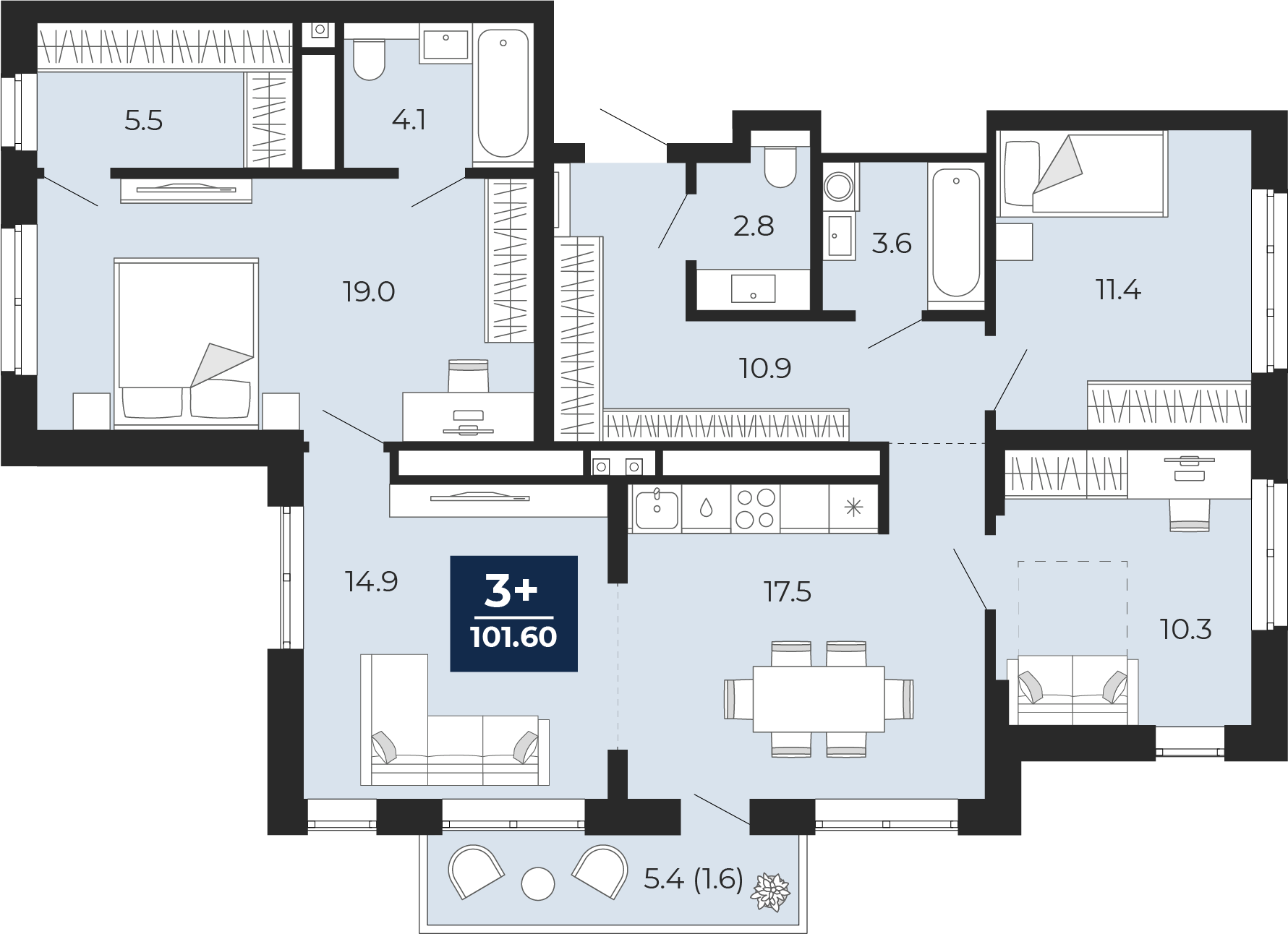 3-комнатная 100 м2 в ЖК Мириады корпус null этаж 14
