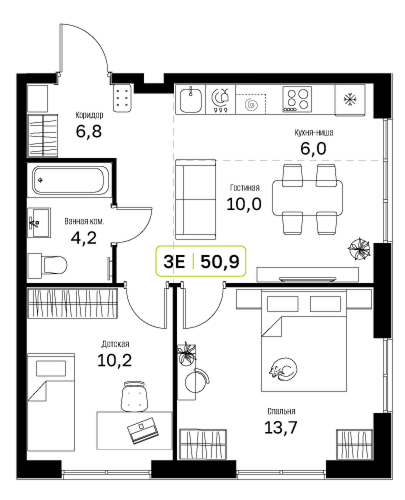 2-комнатная 50 м2 в ЖК Новый Зеленоград корпус null этаж 15