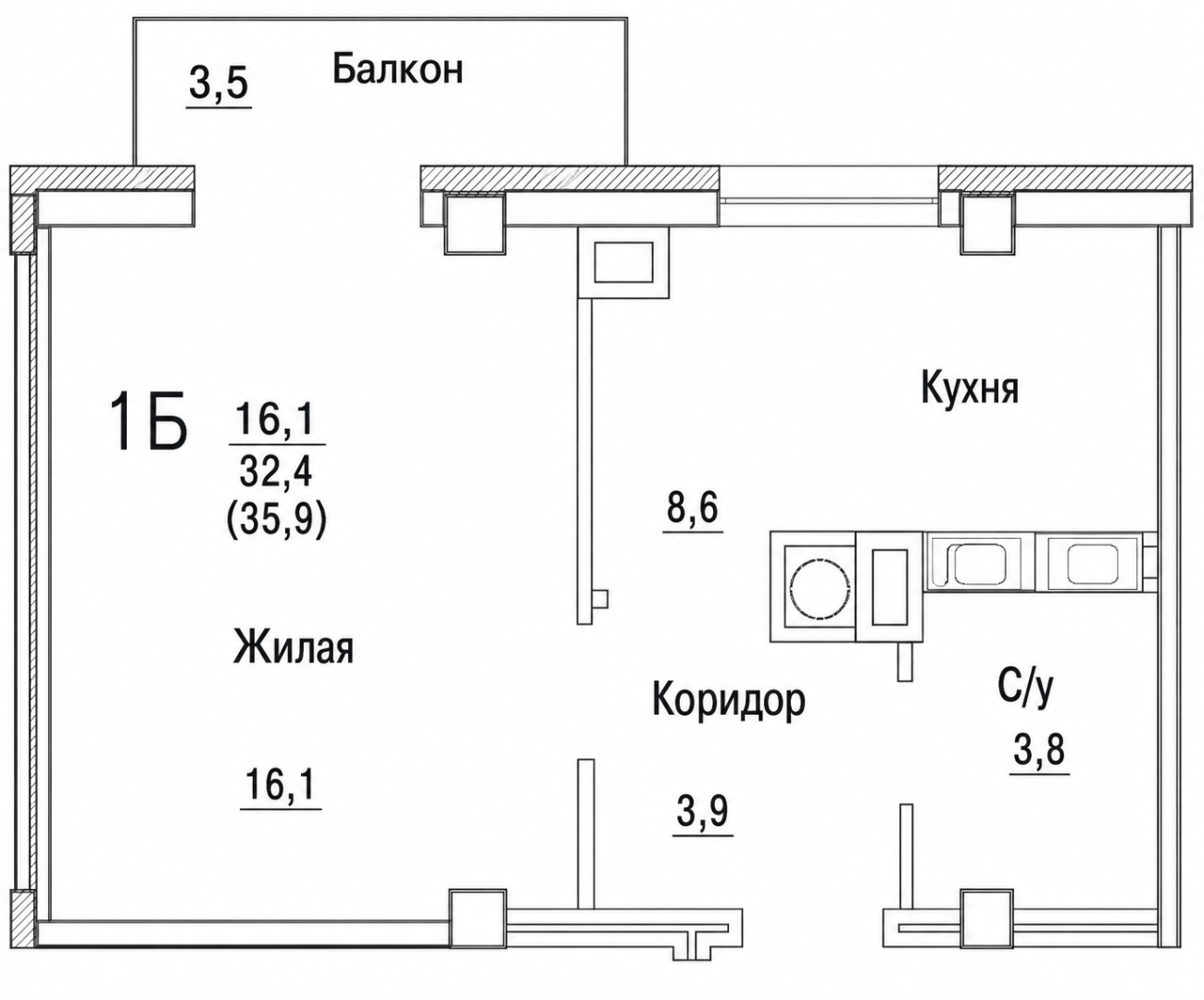1-комнатная 31.4 м2 в ЖК undefined корпус null этаж 5