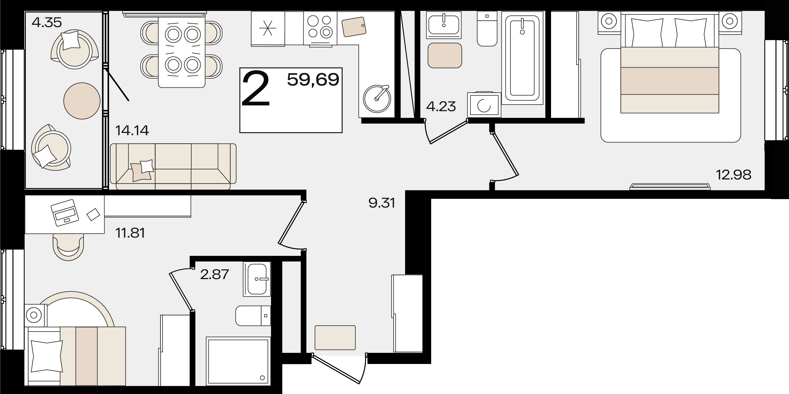 2-комнатная 59 м2 в ЖК Патрики корпус null этаж 7
