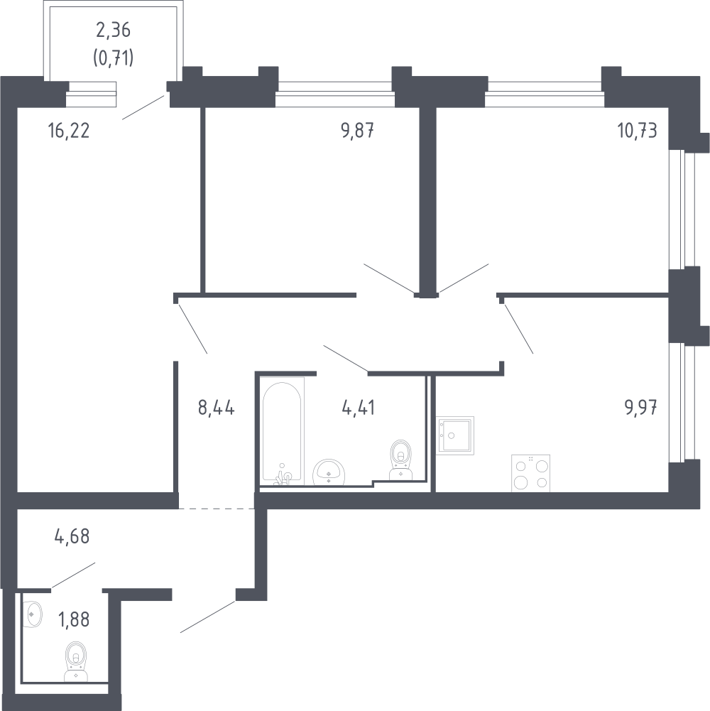 3-комнатная 66 м2 в ЖК Сердце Сахалина корпус null этаж 9