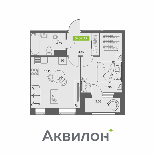Студия 37 м2 в ЖК Аквилон АКВАРТАЛ корпус null этаж 3