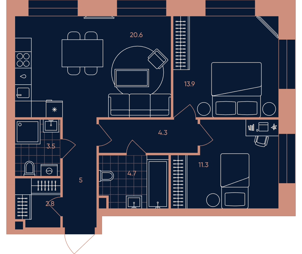 3-комнатная 66 м2 в ЖК ERA / Дербеневская 20 корпус null этаж 8
